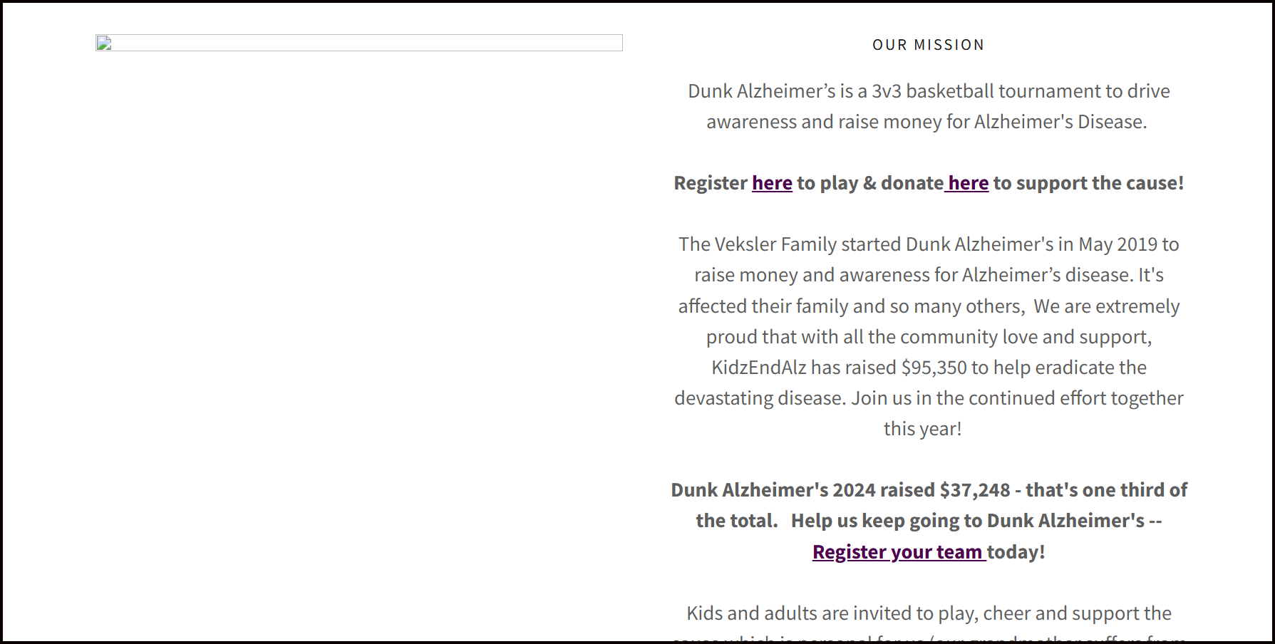 KidzEndAlz Dunk Alzheimer's 3v3 basketball tournament mission and fundraiser overview
